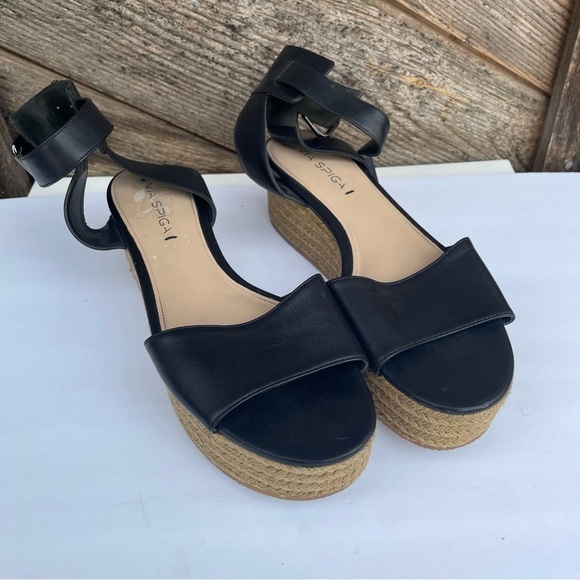 VIA SPIGA Nemy Black Leather Ankle Strap Platform Espadrilles Sandals, 9 - Picture 3 of 12